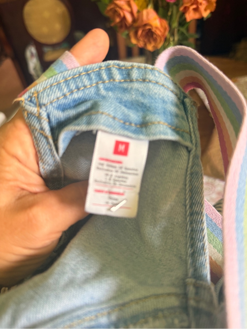 vintage Light Blue Denim Short Overalls with Rainbow Straps - Picture 6 of 6